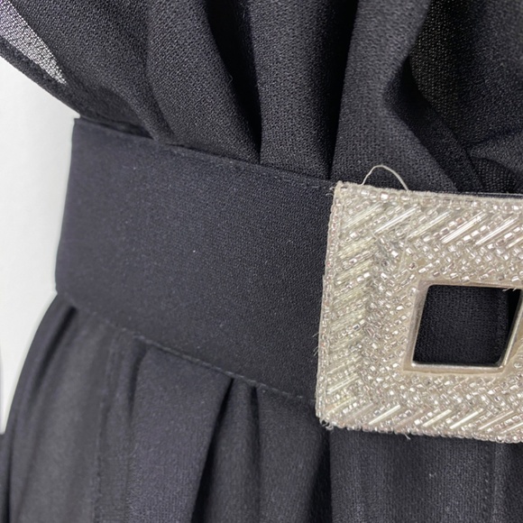 Vintage 80s Black Cocktail Dress Large Silver Beaded Drape Front Evening Formal - Picture 5 of 15